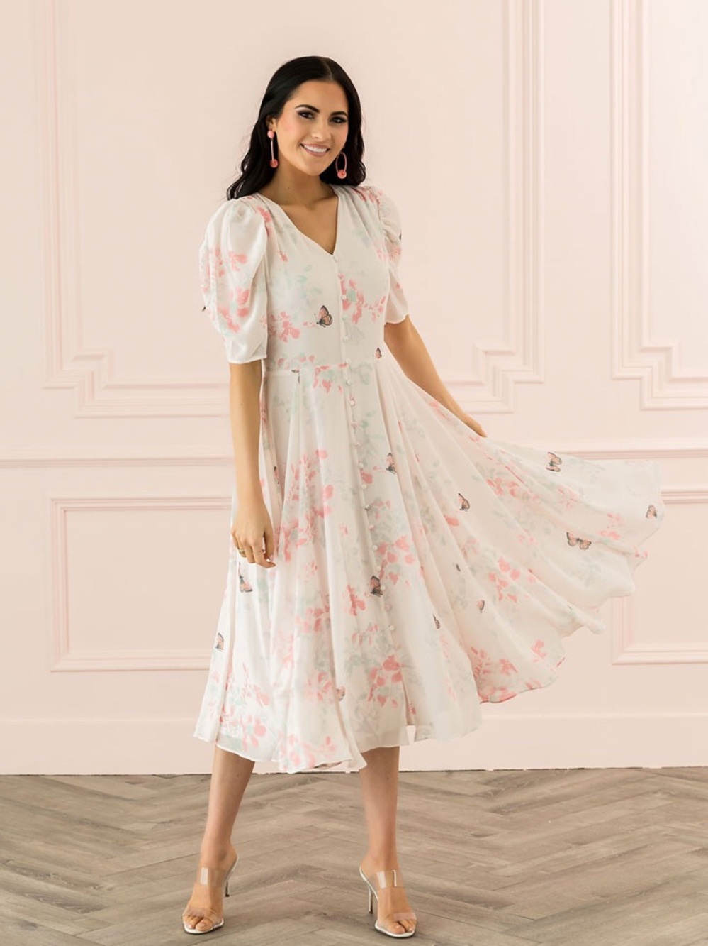 Rachel Parcell Floral Butterfly Midi Dress in White and Pink
